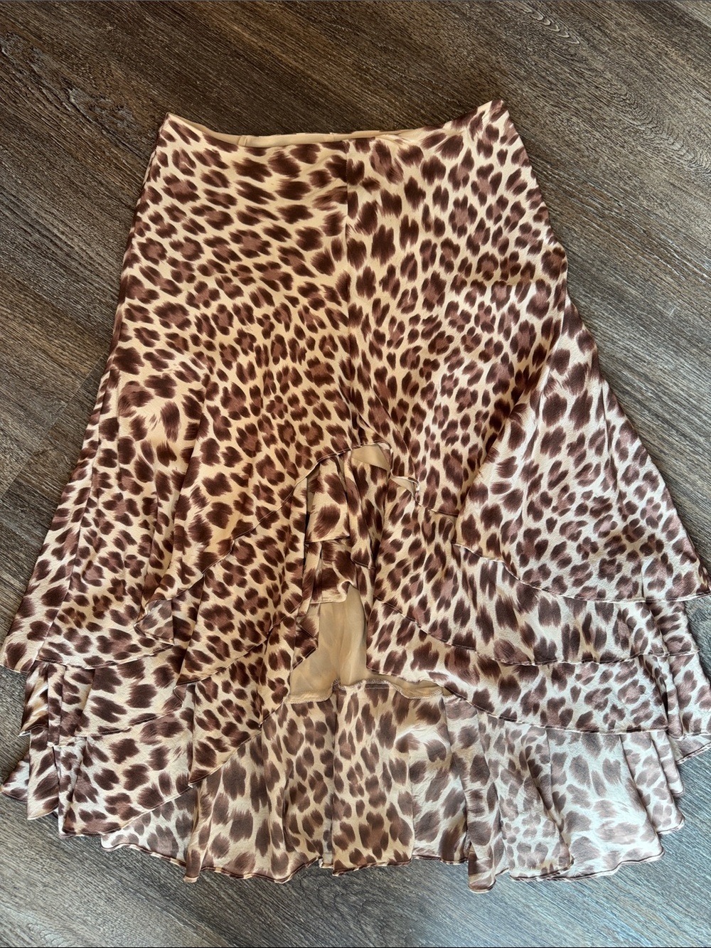 100% Silk Newport News Leopard Ruffle Midi High Low Skirt Size 10 Y2K